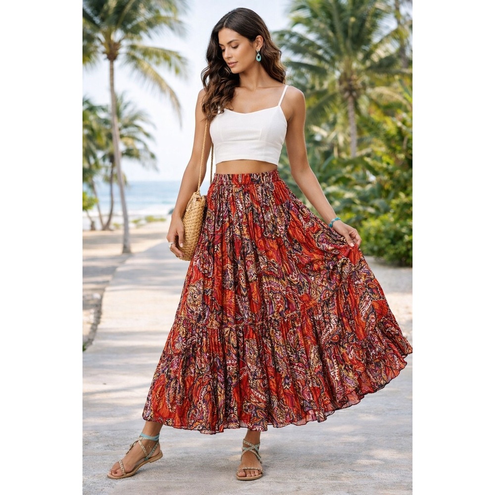 The Travel Collection Womens L Pleated Shimmery Paisley Gypsy Maxi Crinkle Skirt